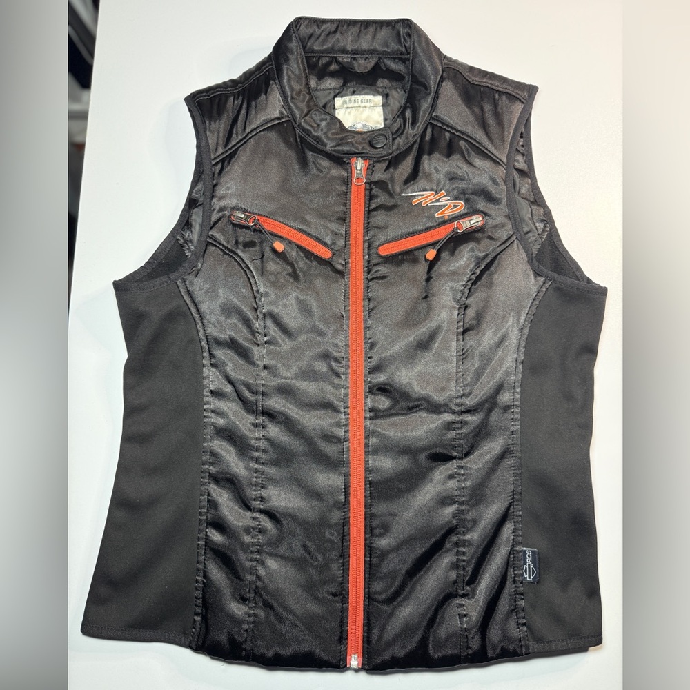 Women’s black with orange accents Harley-Davidson zippered satin vest size M